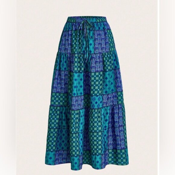 Boho Patchwork Print Maxi Skirt Blue - Picture 5 of 10